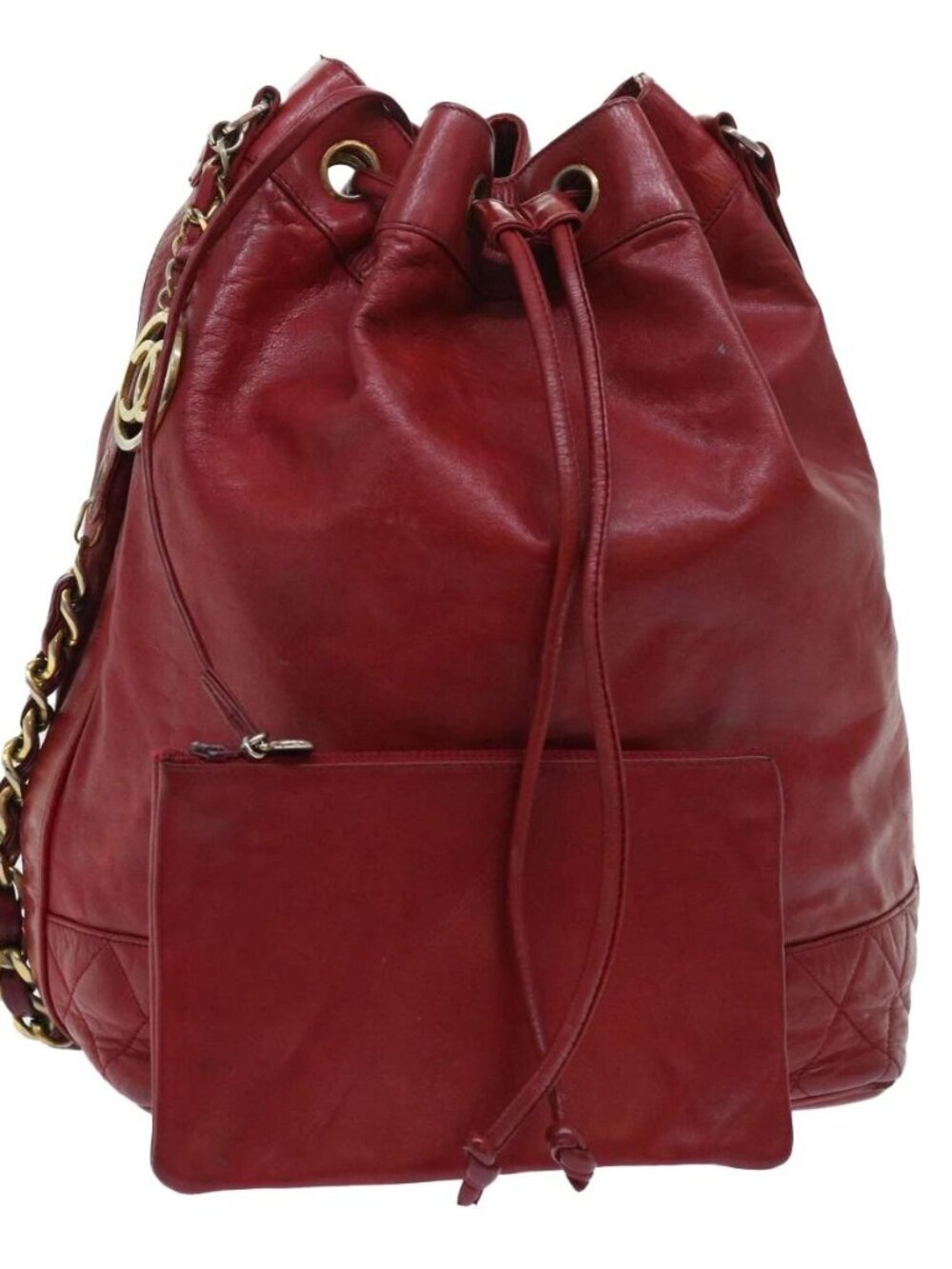 CHANEL Chain Shoulder Bag Lamb Skin Red CC Auth bs7902